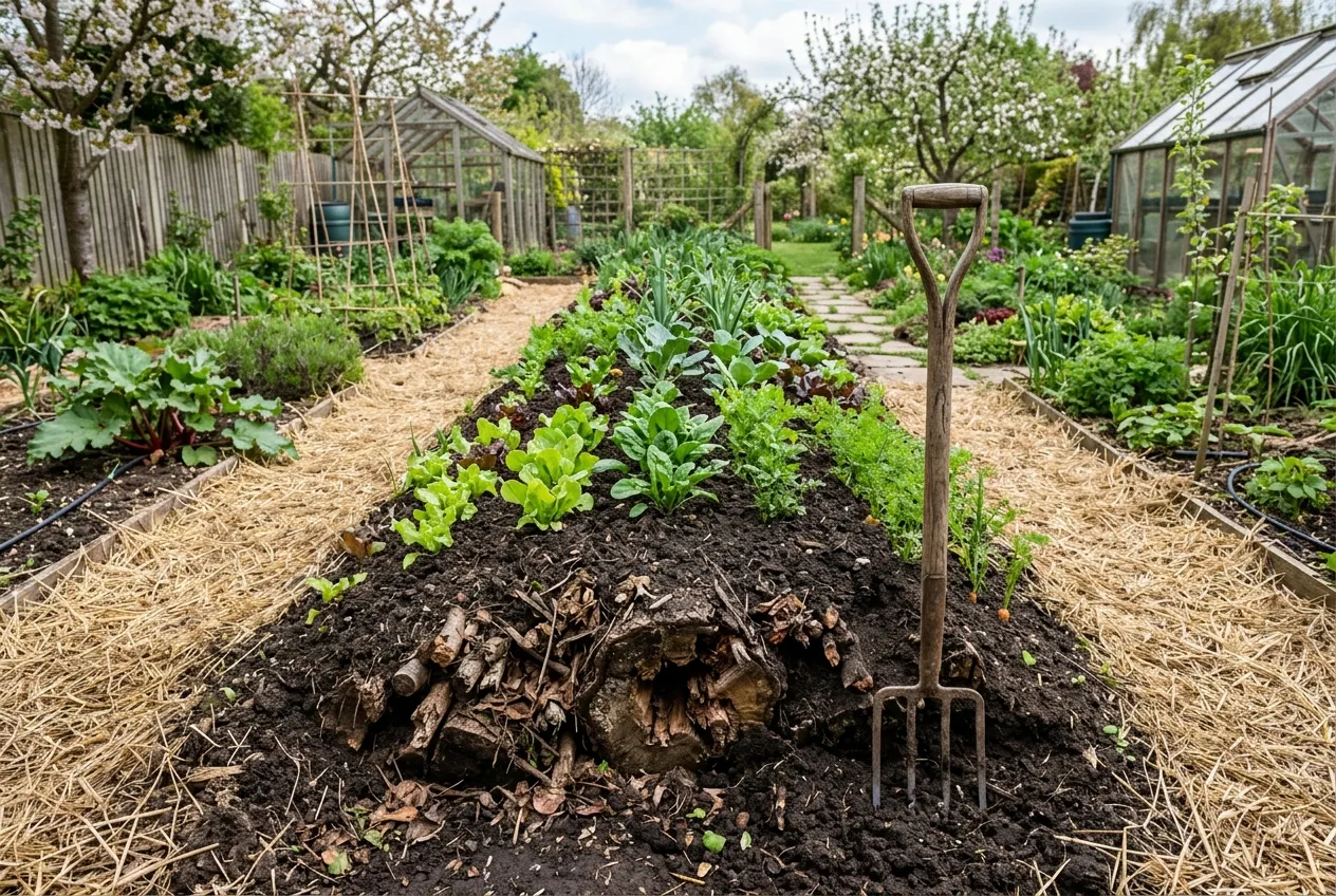 Dimensions d’une butte de permaculture : monticule d’environ 1,20 m de large et 50 cm de haut, entaillé sur son cœur de bois, entre deux allées paillées