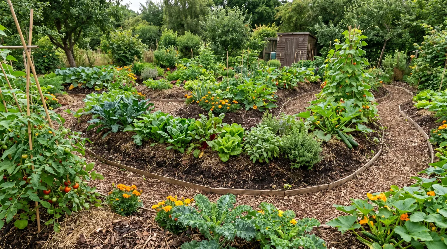 Jardin en permaculture avec des buttes de culture surélevées plantées de légumes