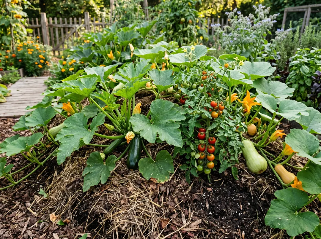 Butte de permaculture couverte de courgettes et tomates en pleine production
