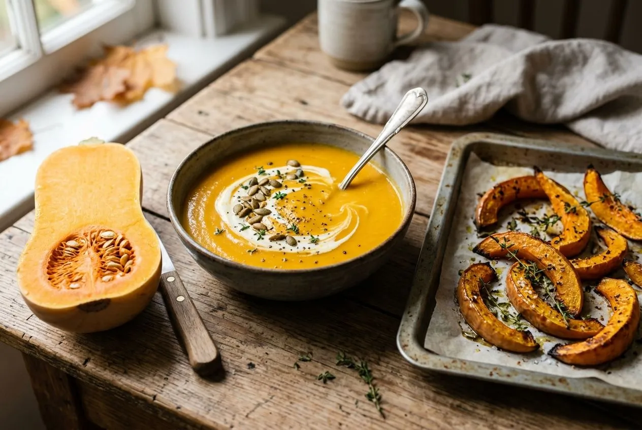 Velouté de butternut et quartiers de courge butternut rôtis au four