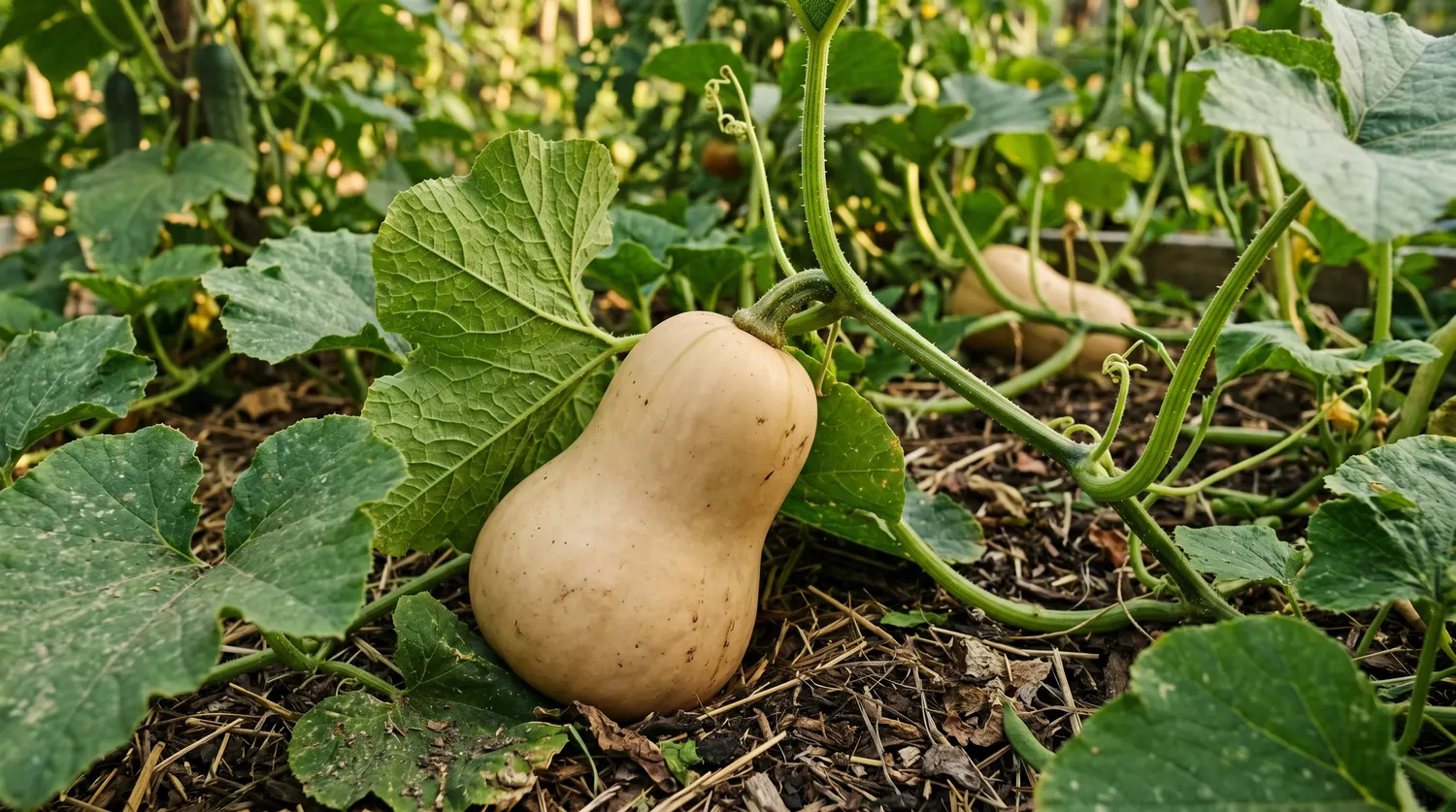 Courge butternut beige en forme de poire poussant sur sa plante au potager