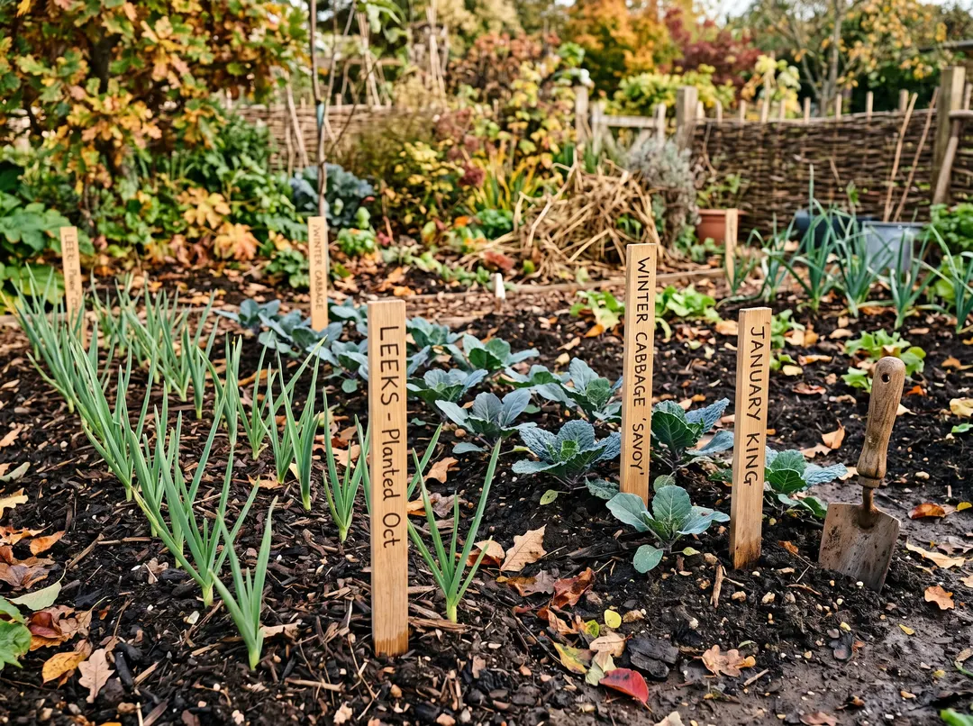 Potager d'automne avec poireaux et choux d'hiver plantés, lumière dorée
