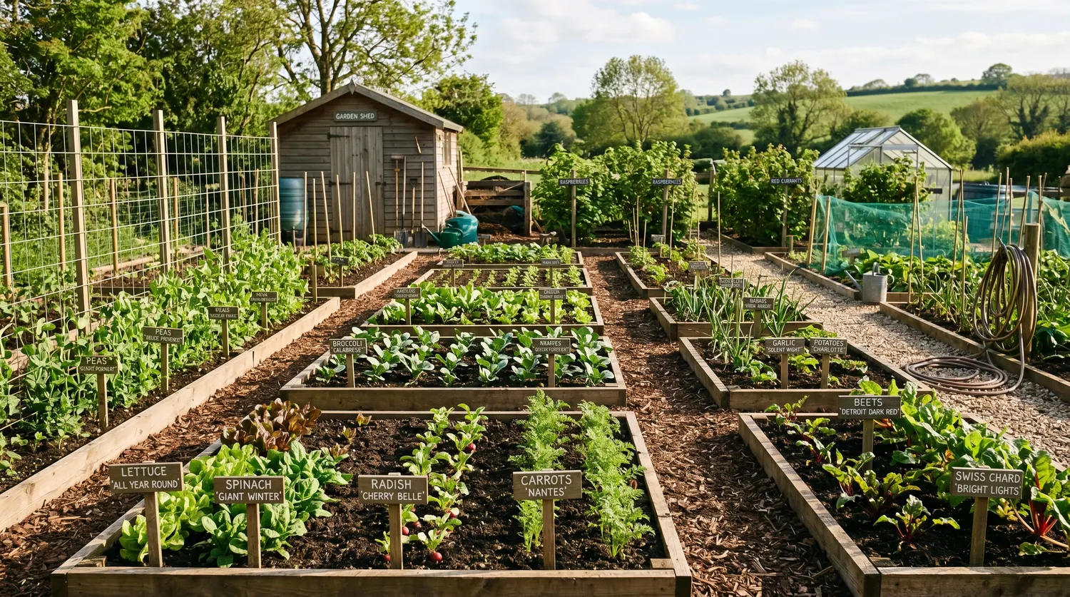 Potager bien organisé au printemps avec des rangs plantés et des planches étiquetées