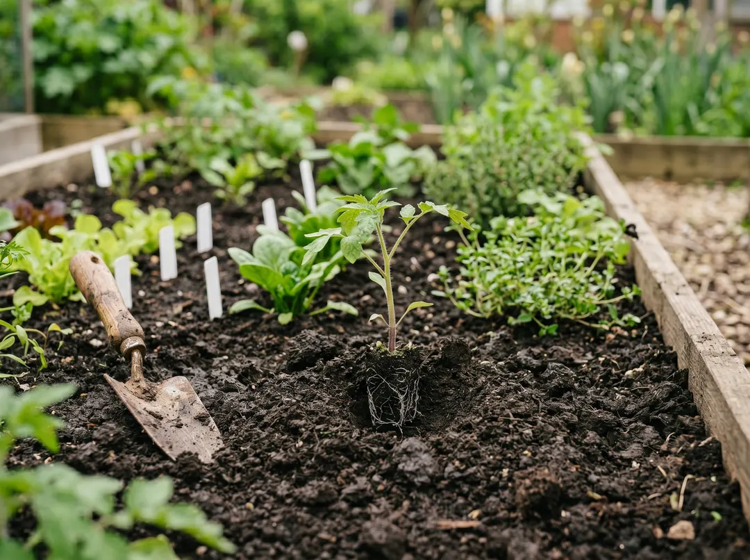 Jardinier plantant de jeunes plants de légumes dans la terre de printemps