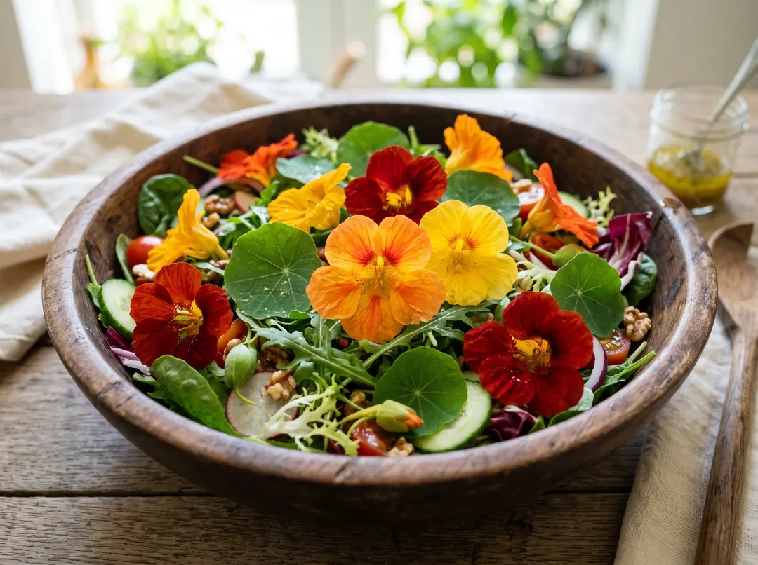 Fleurs de capucine dans une salade fraîche, fleur comestible poivrée