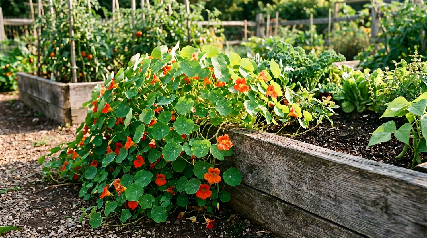 Capucines aux fleurs orange retombant sur le bord d'un carré potager