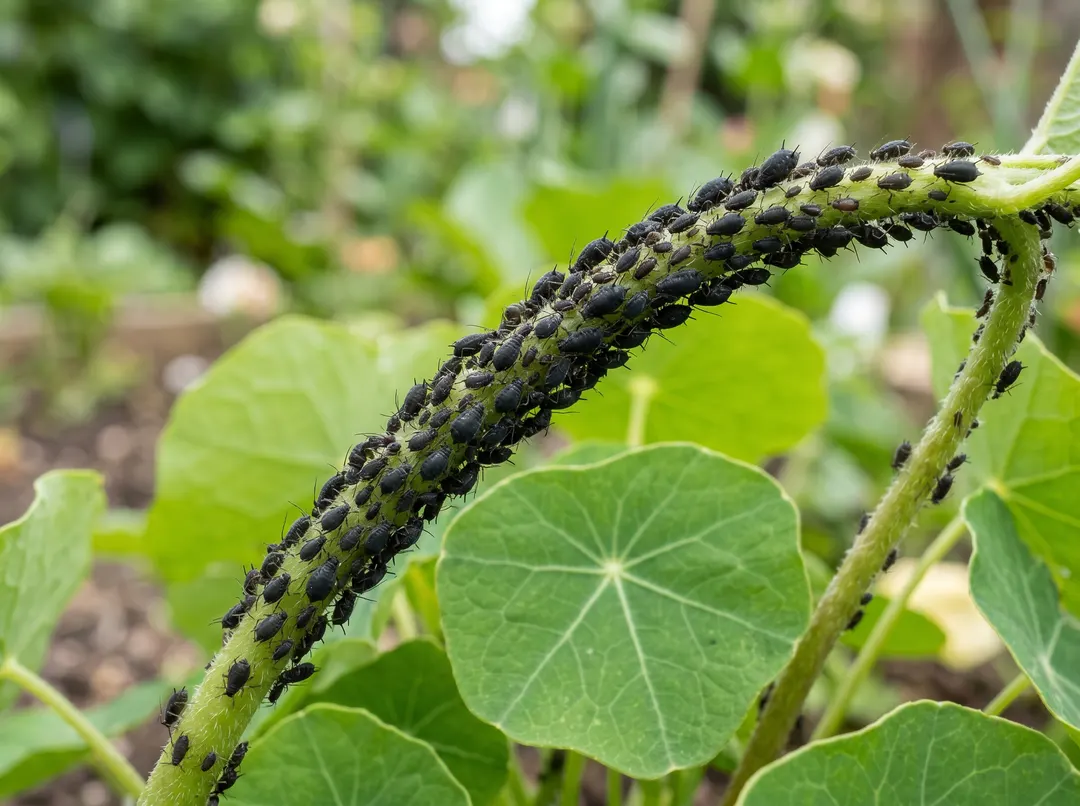 Pucerons noirs massés sur une tige de capucine, plante-piège au potager