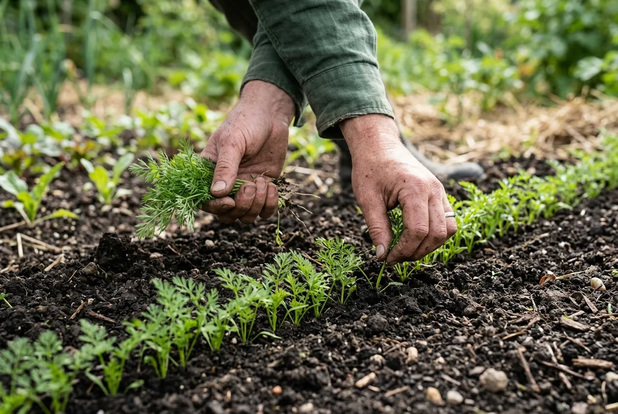 Éclaircir un rang de jeunes carottes en gardant quelques centimètres entre les plants