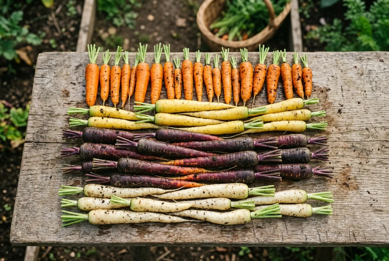 Assortiment de variétés de carottes orange, jaunes, violettes et blanches posées sur une planche