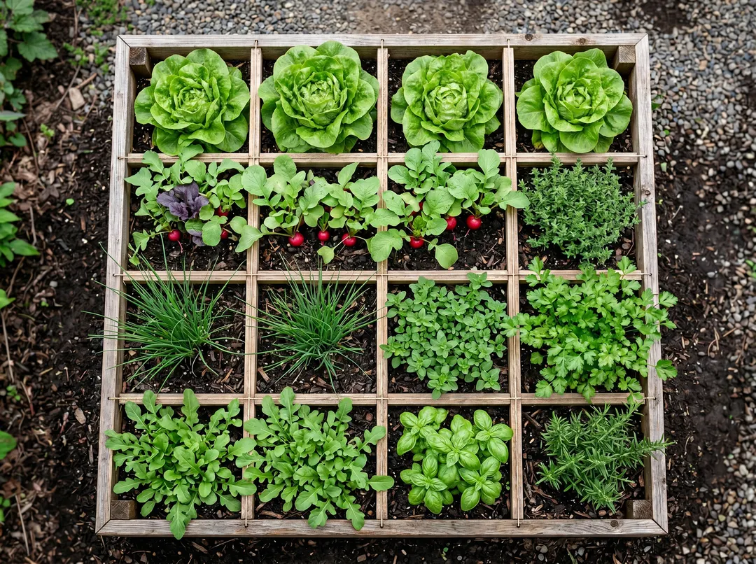 Vue de dessus d'un carré potager divisé en cases plantées de salades, radis et herbes