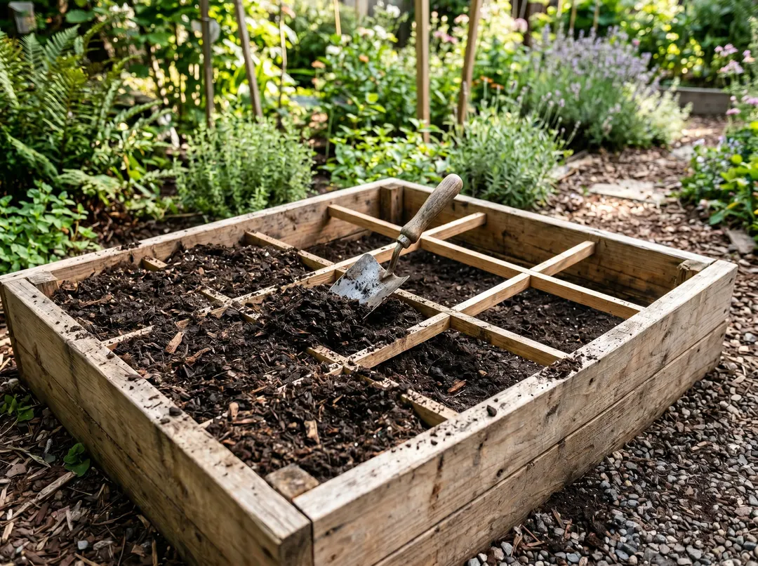 Carré potager en bois en cours de remplissage avec terreau et compost, grille de cases