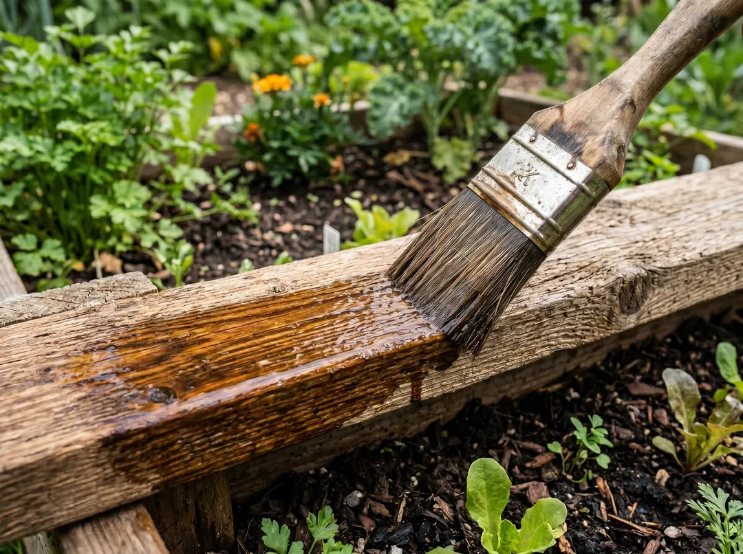 Application d'une huile de lin naturelle au pinceau sur le bois d'un carré potager