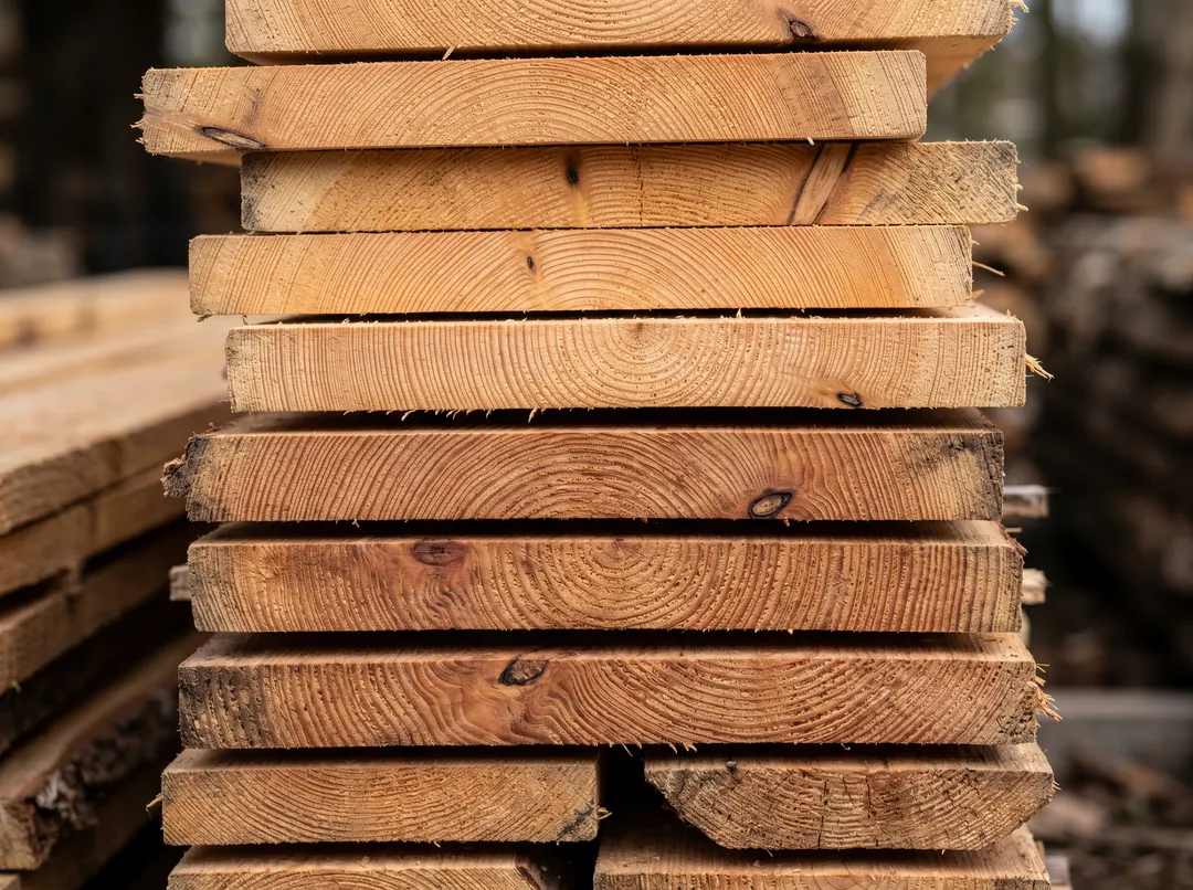 Gros plan sur des planches de bois de mélèze et douglas non traité, veinage naturel