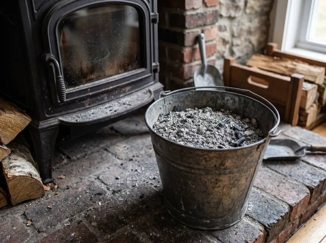 Cendres de bois froides dans un seau métallique près d'un poêle