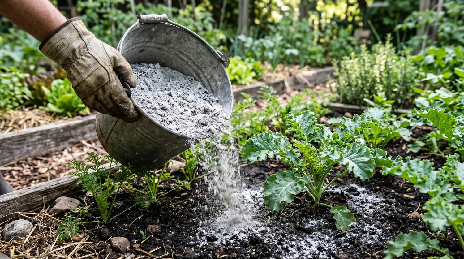 Cendre de bois épandue depuis un seau sur la terre du potager
