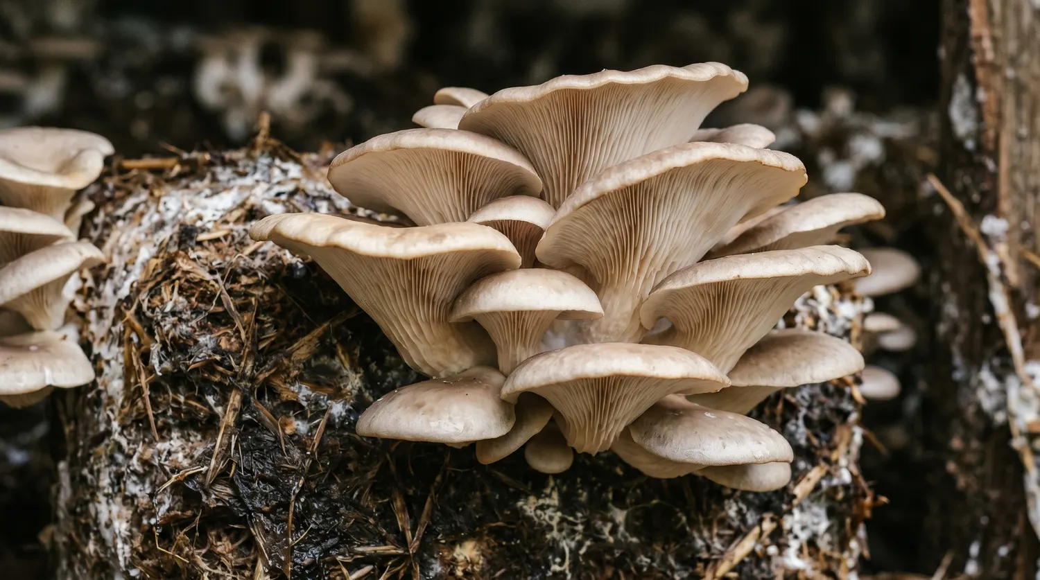 Pleurotes poussant en touffes sur leur substrat, champignons comestibles frais