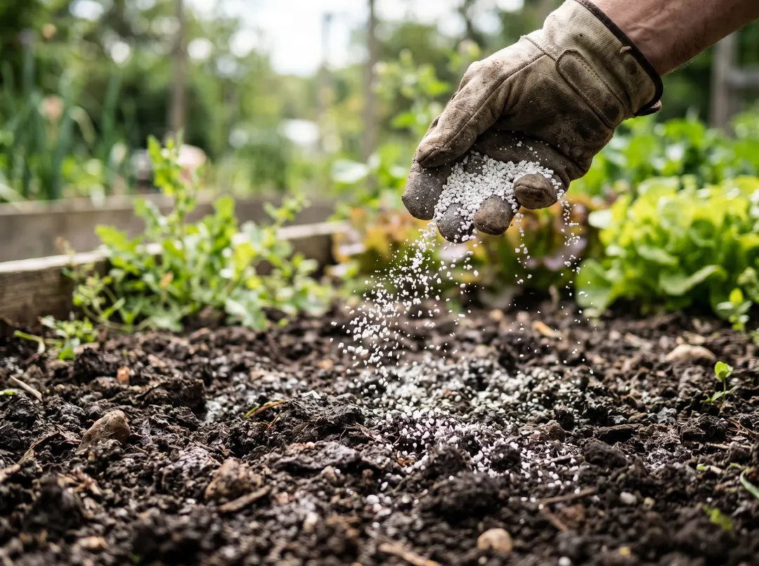 Granulés de chaux blancs épandus à la main sur la terre du jardin