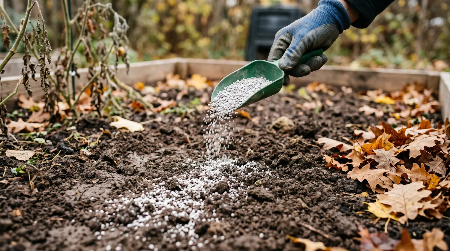 Épandage de chaux sur la terre nue du potager à l'automne