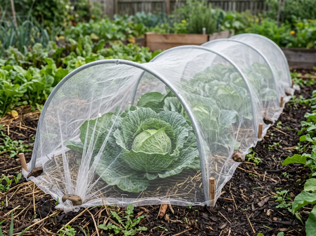 Rang de choux protégés sous un filet anti-insectes à mailles fines