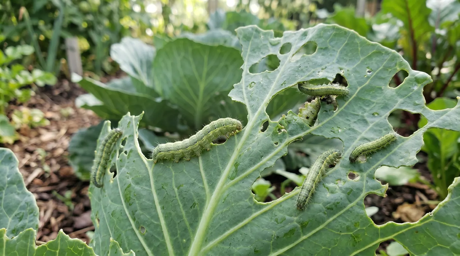 Chenilles vertes dévorant une feuille de chou et y laissant de gros trous