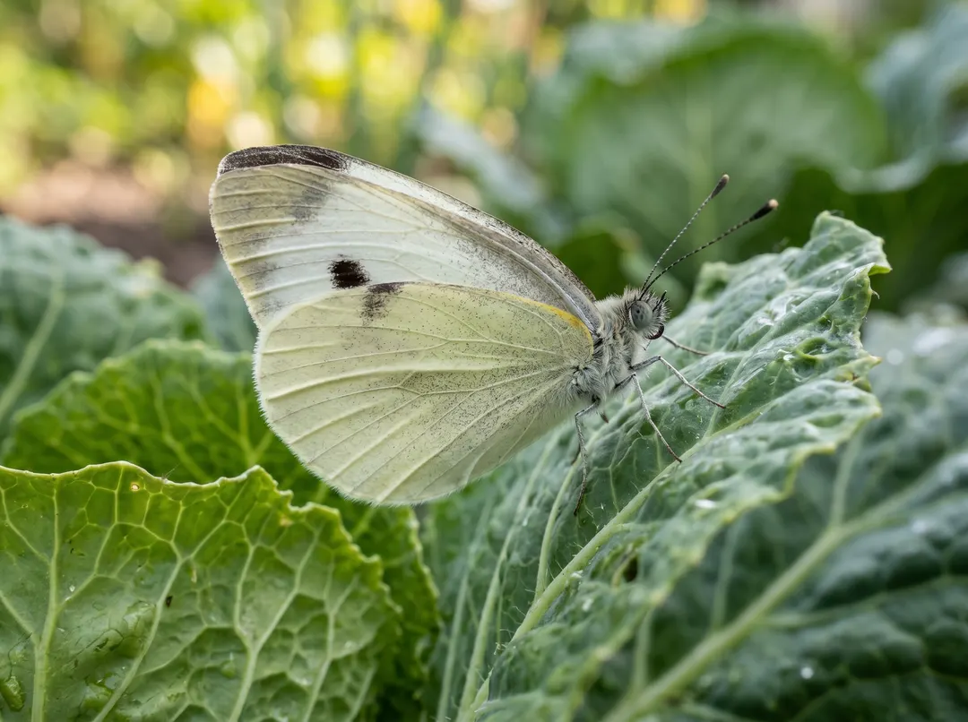 Papillon blanc de la piéride du chou posé sur une feuille