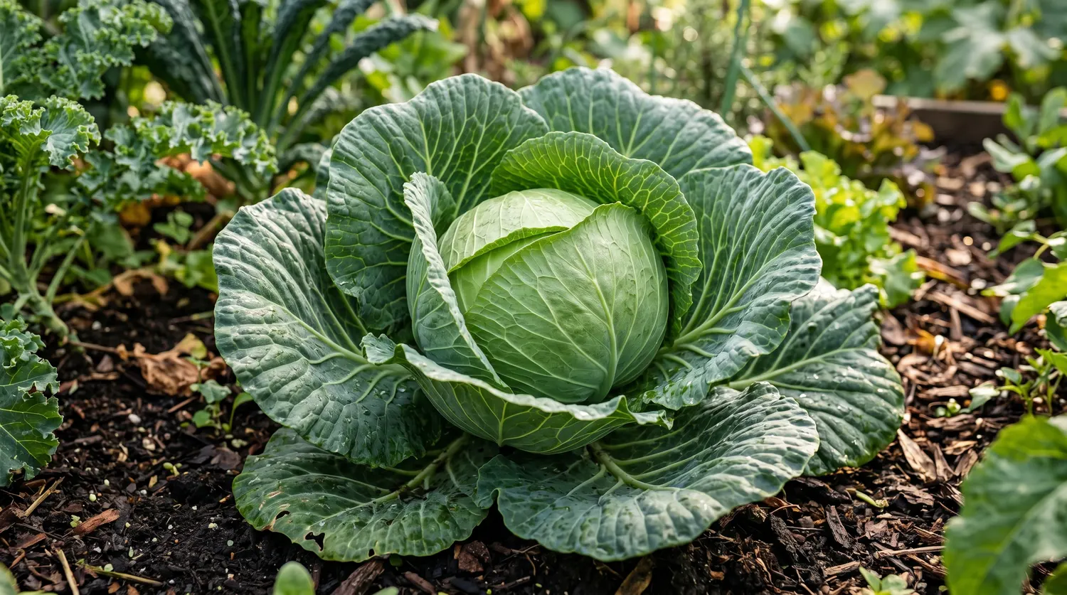 Chou pommé vert poussant au potager entouré de ses grandes feuilles