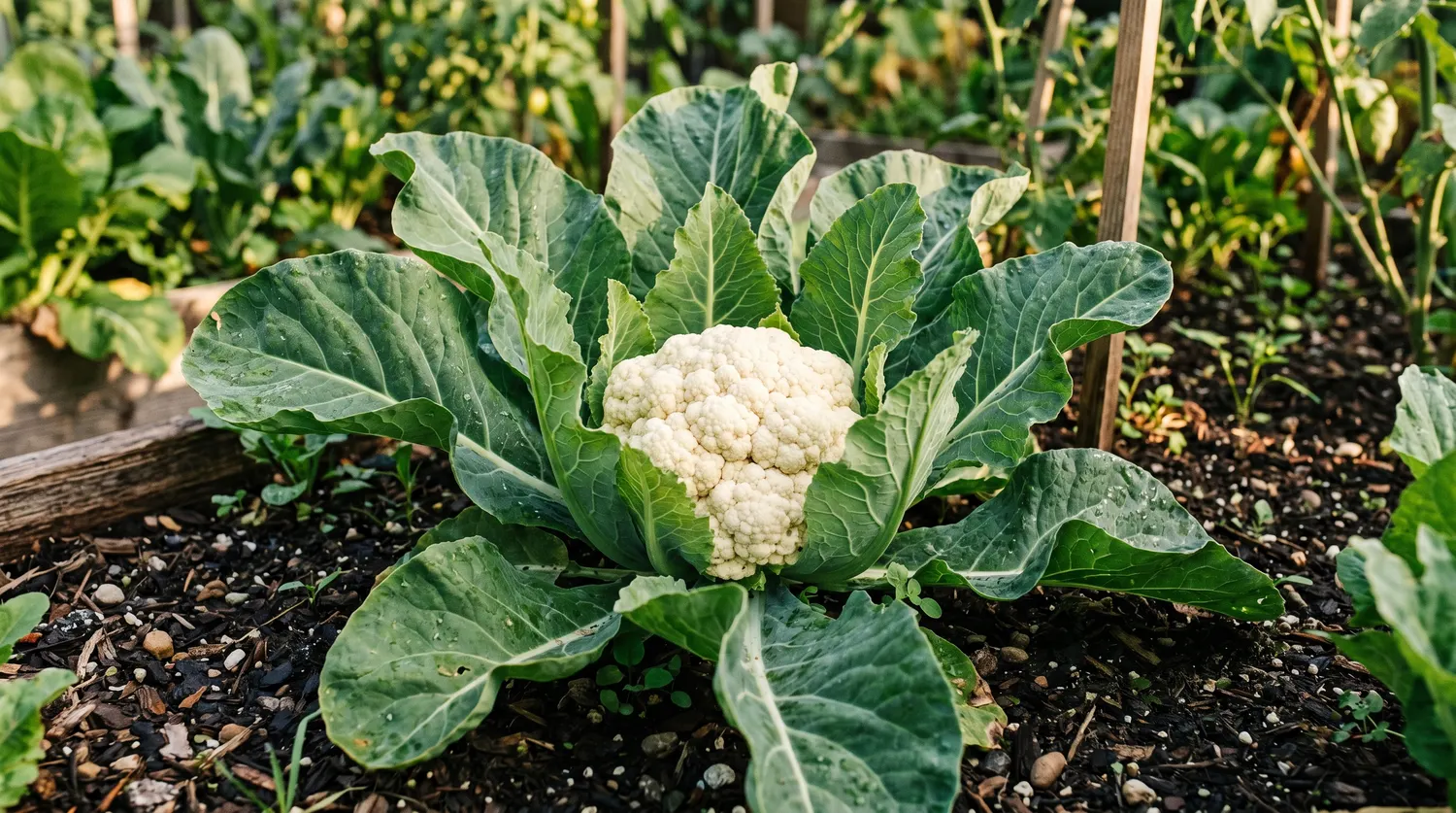 Chou-fleur entouré de ses grandes feuilles vertes poussant au potager