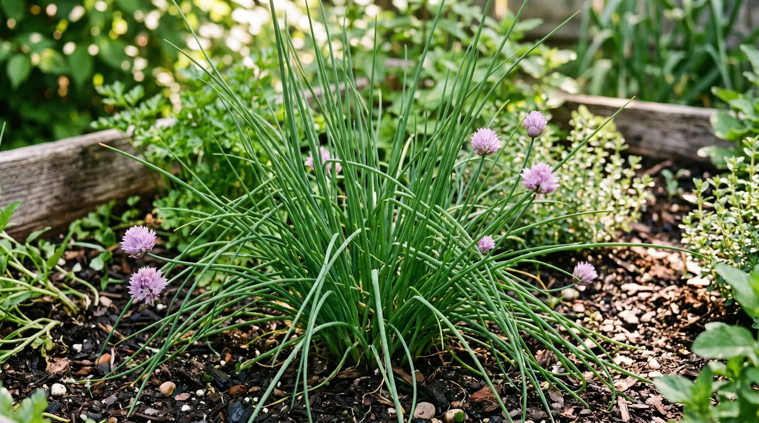 Touffe de ciboulette aux fines feuilles tubulaires vertes au jardin