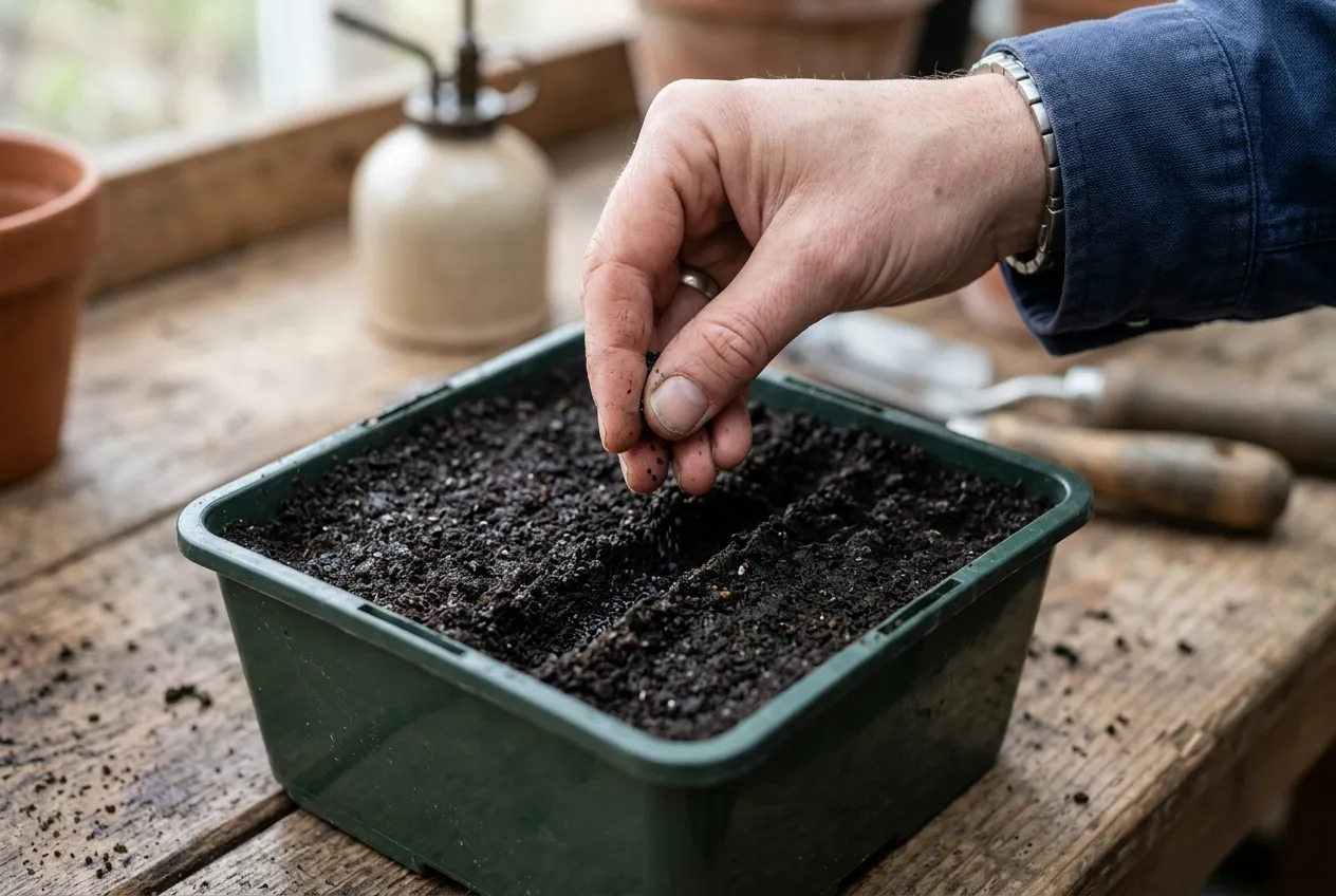 Semer la ciboulette : main déposant un poquet de graines dans un sillon de 2 cm en godet