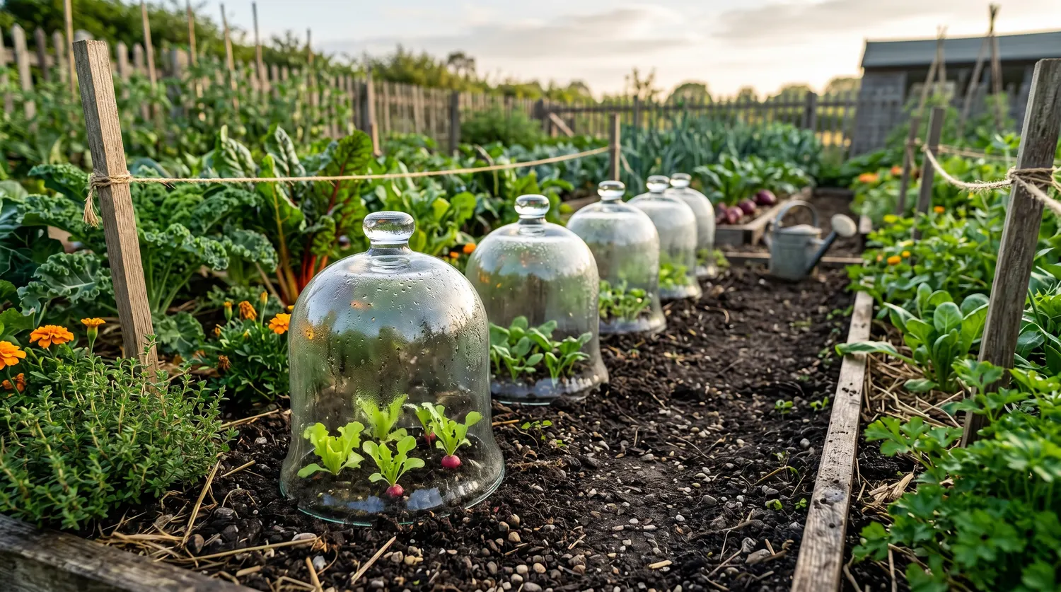 Cloches de jardin en verre protégeant de jeunes plants dans un carré potager