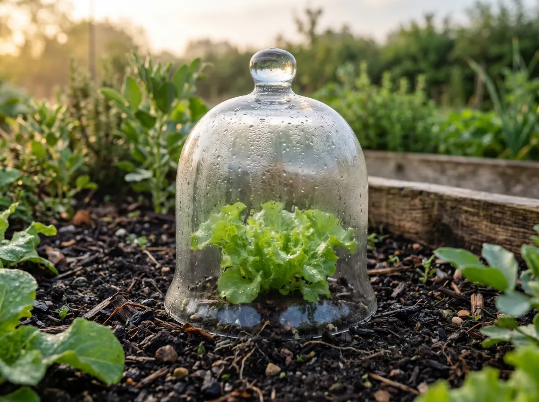 Cloche de jardin en verre posée sur un jeune plant de salade dans la terre