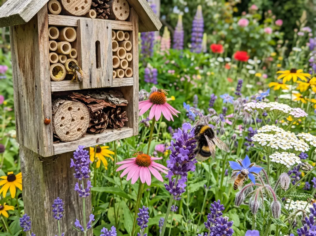 Fleurs et hôtel à insectes attirant les coccinelles et auxiliaires au jardin