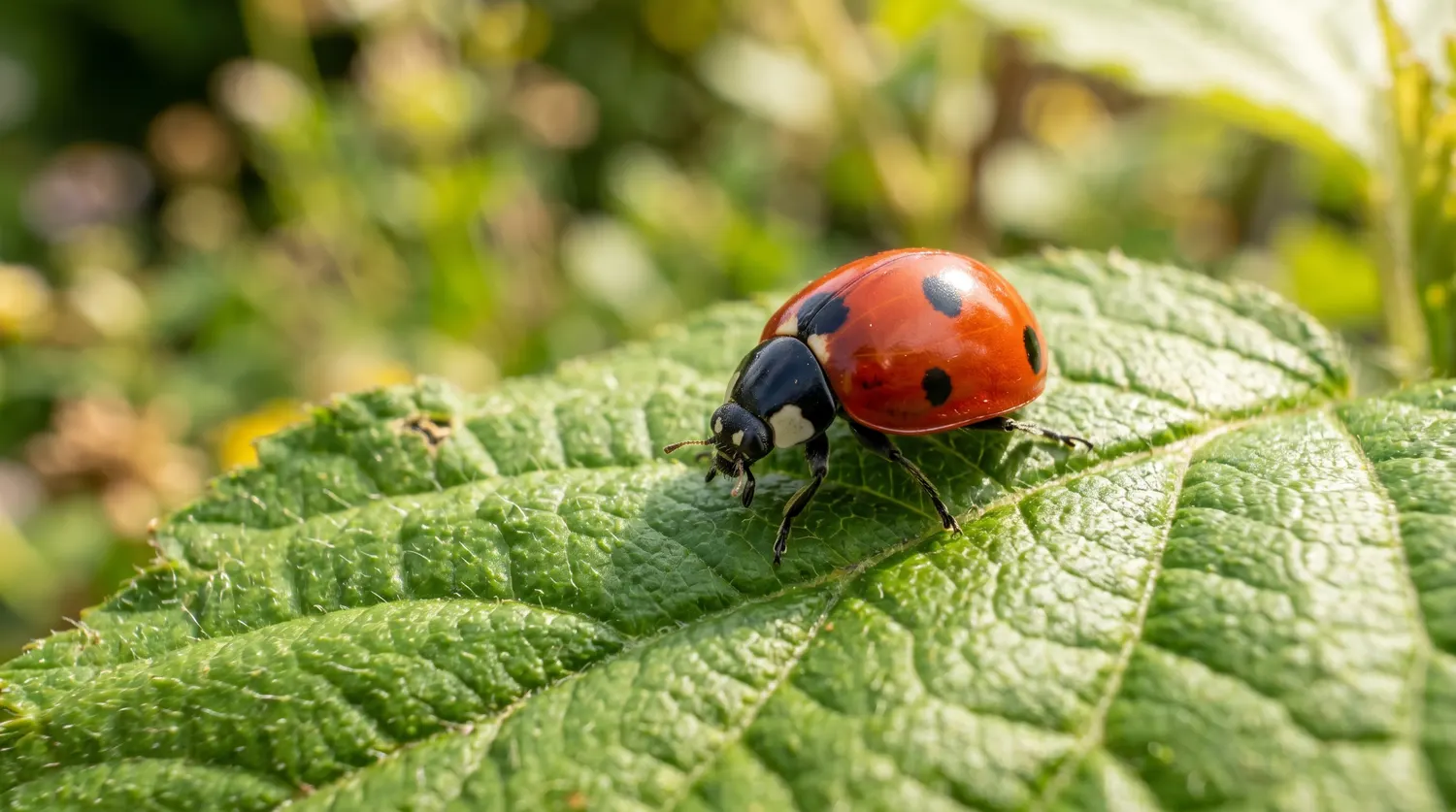 Coccinelle adulte sur une feuille verte au jardin