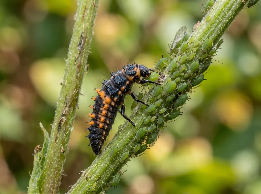 Larve de coccinelle noire et orange dévorant des pucerons sur une tige