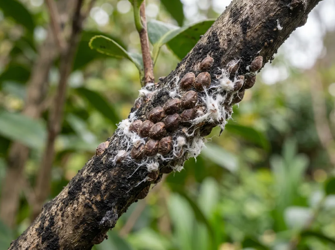 Cochenilles à carapace et dépôts cotonneux blancs sur une tige avec fumagine