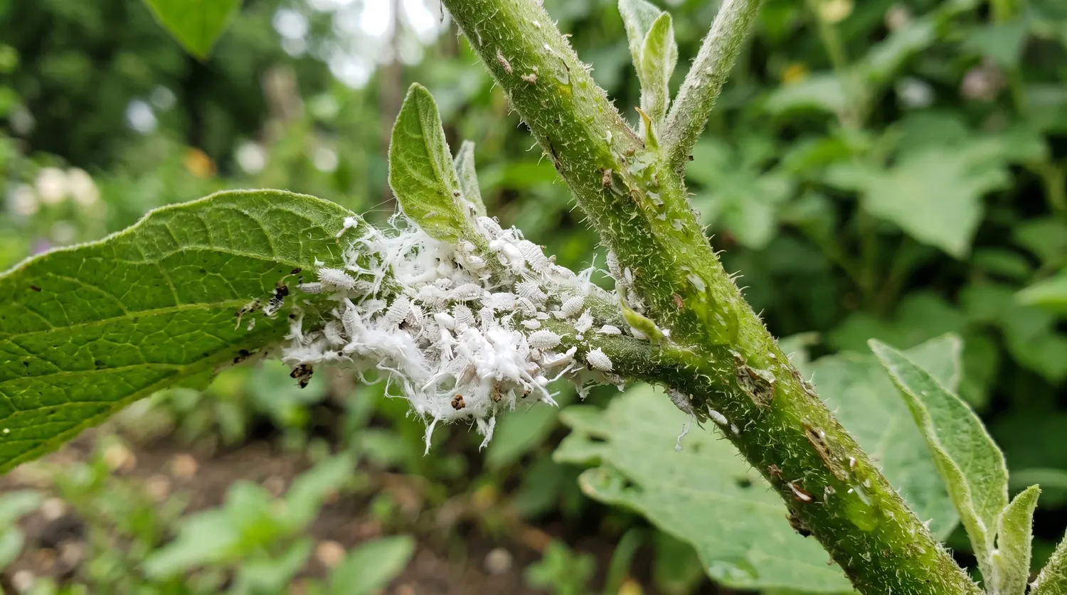 Cochenilles farineuses cotonneuses blanches agglutinées sur une tige