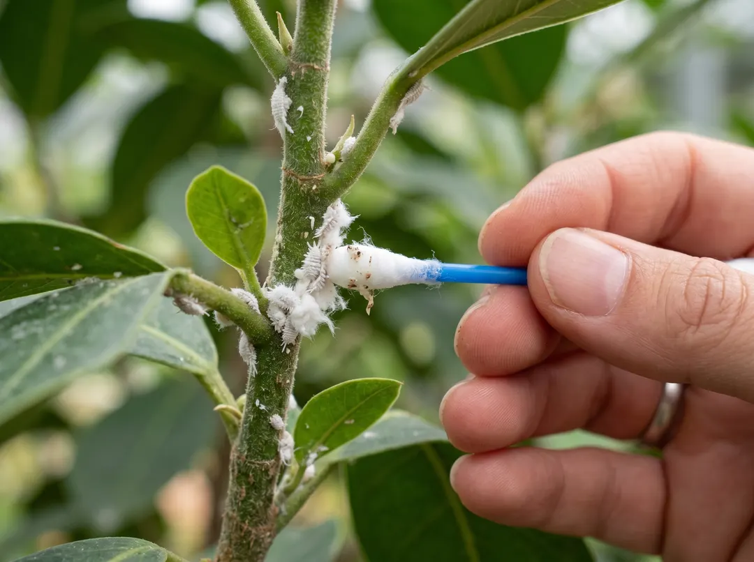 Coton-tige retirant des cochenilles farineuses d'une tige de plante