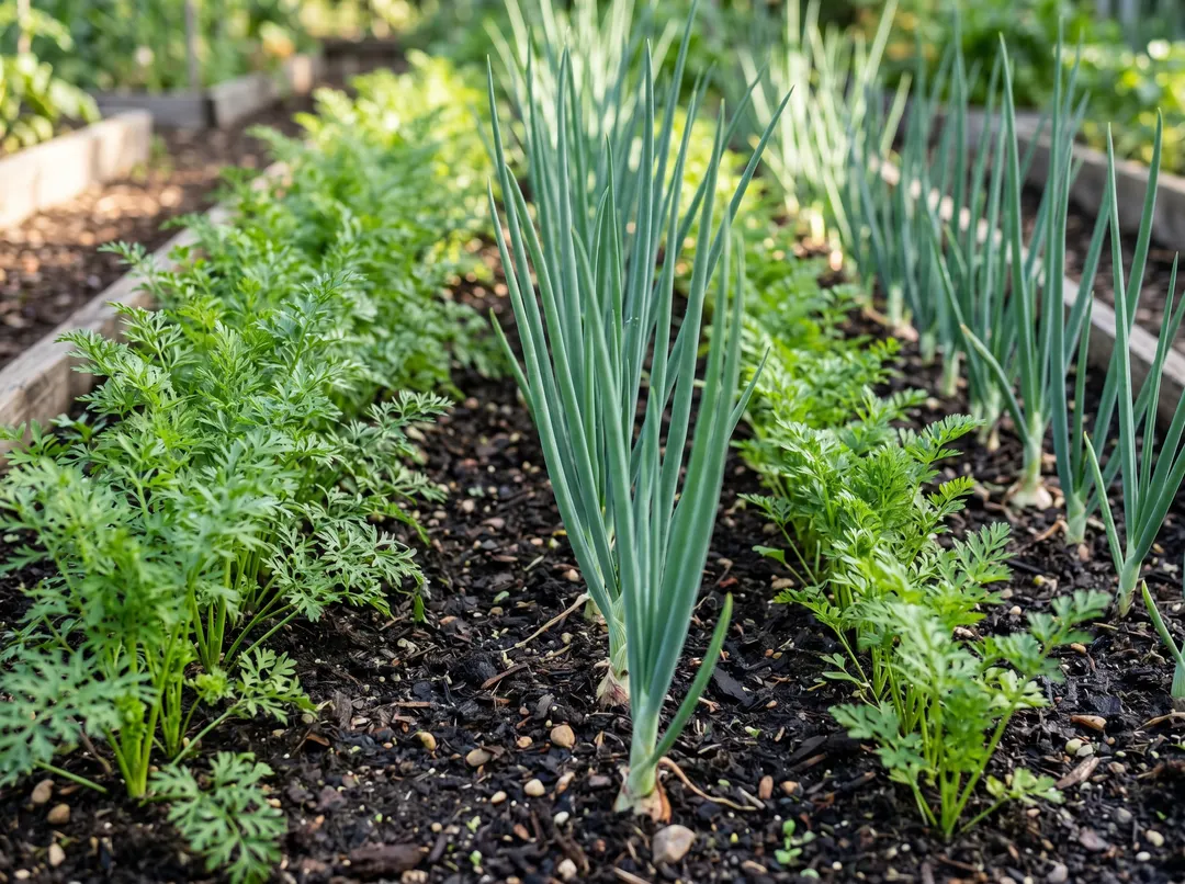 Rangs alternés de carottes et d'oignons, association classique de plantes compagnes