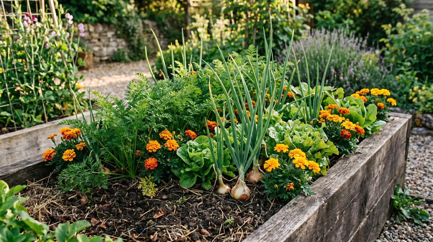 Carré potager en compagnonnage : carottes, oignons, salades et œillets d'Inde mêlés