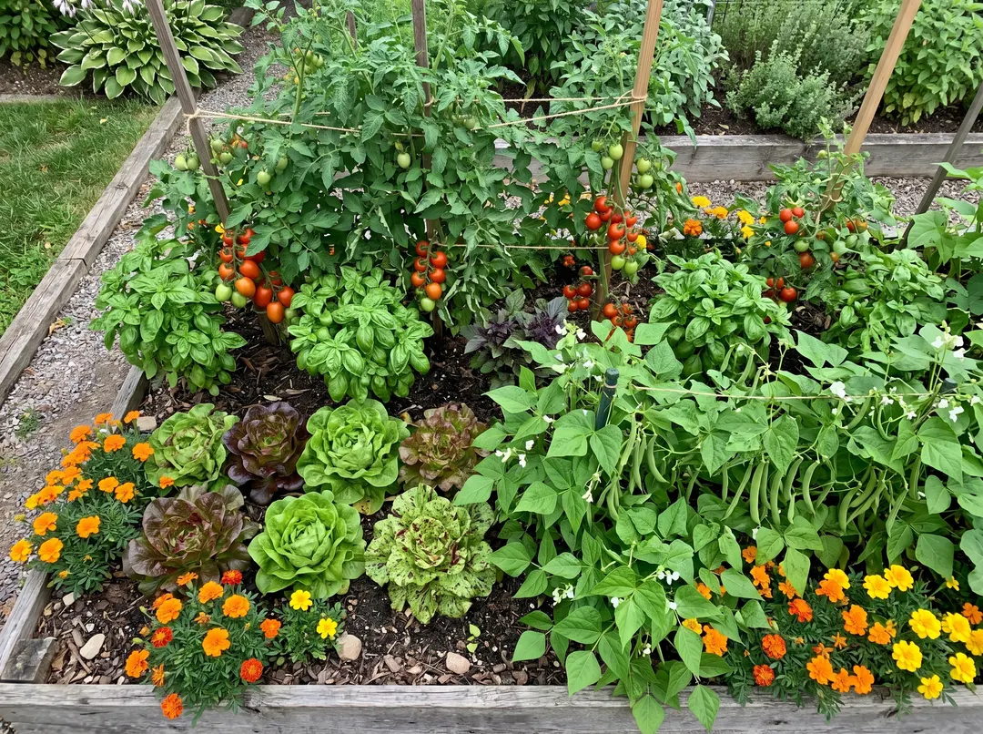 Carré potager mêlant tomates, basilic, salades, œillets d'Inde et haricots