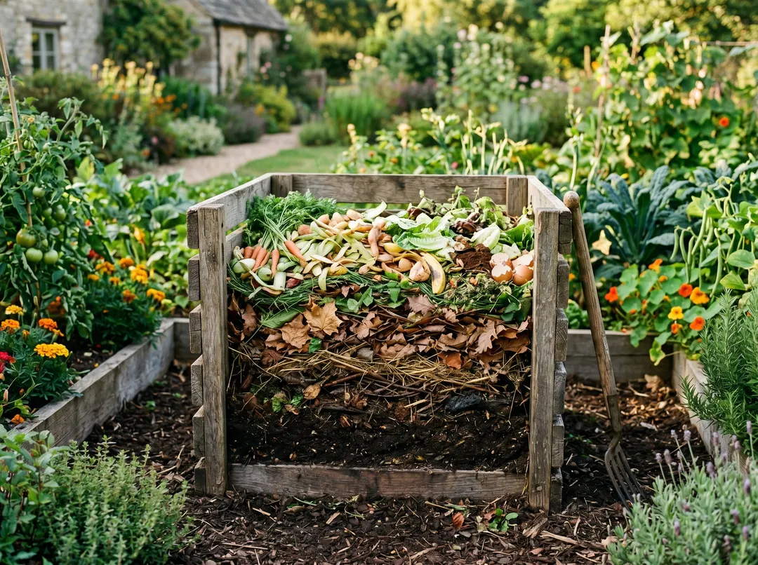 Composteur en bois au potager