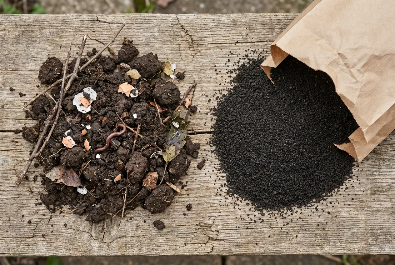 Comparatif entre un compost maison mûr, grumeleux et vivant, et un compost du commerce en sac, fin et régulier