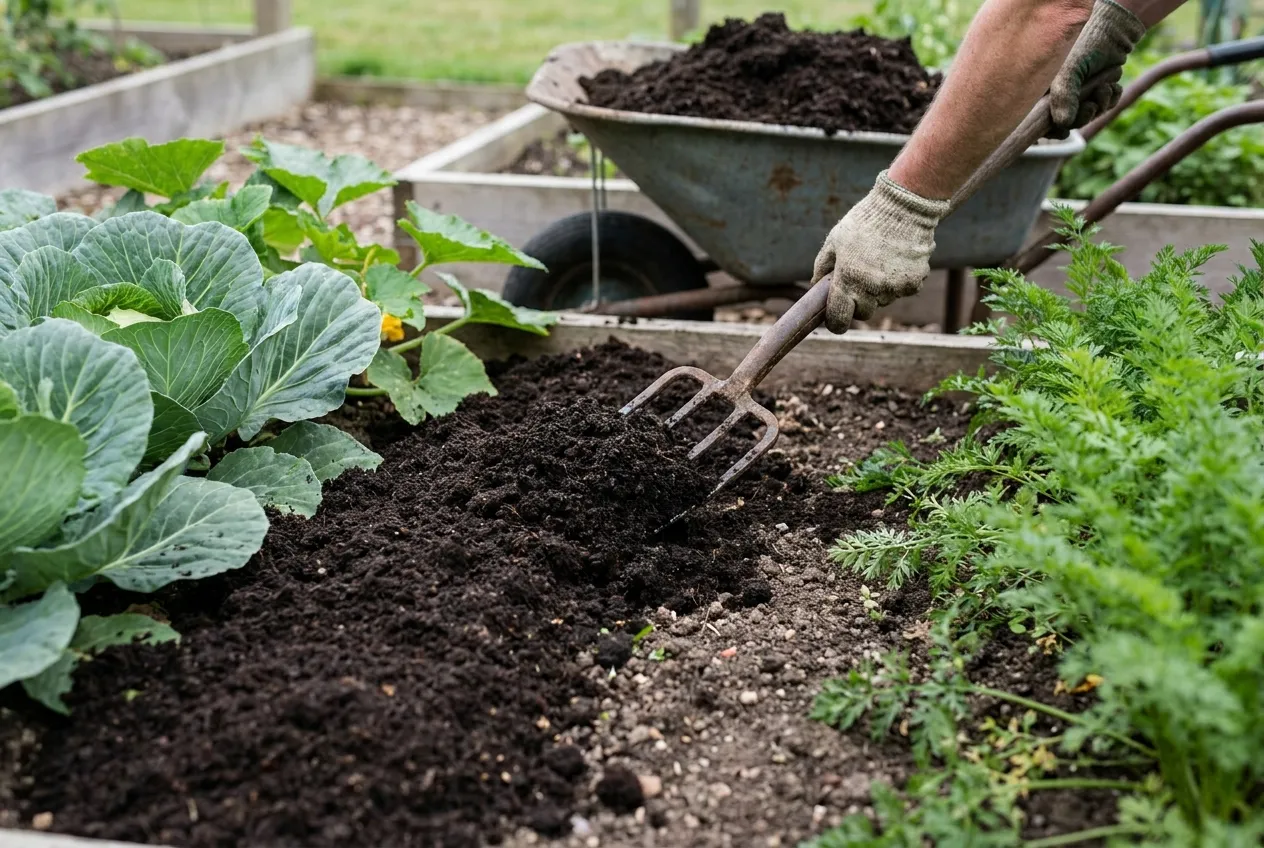 Épandage de compost mûr à la fourche entre les rangs du potager