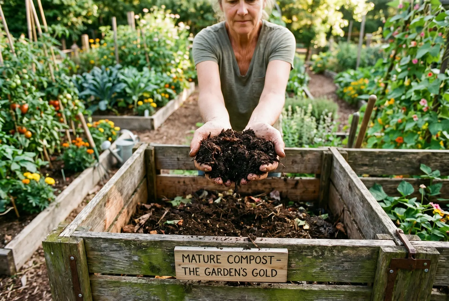 Mains tenant du compost mûr au-dessus d’un composteur en bois au potager