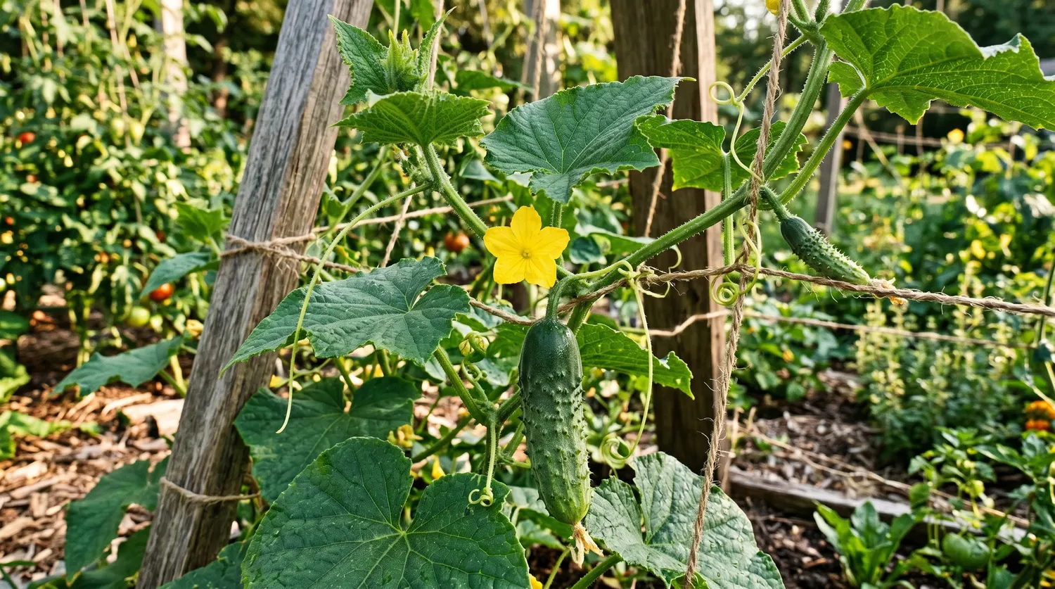 Concombres poussant sur une plante palissée sur un treillis au potager