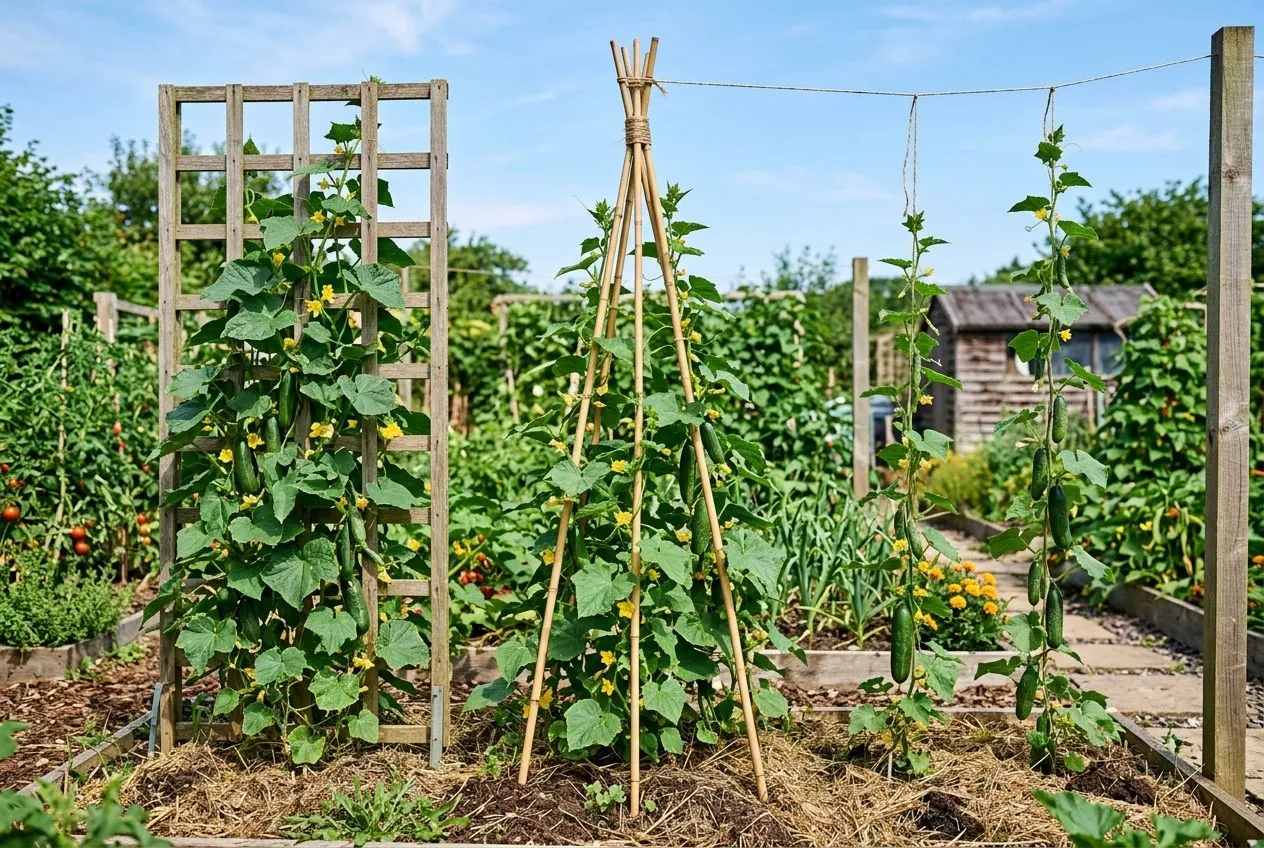 Trois supports pour palisser le concombre : treillis, tipi de tuteurs et ficelle verticale