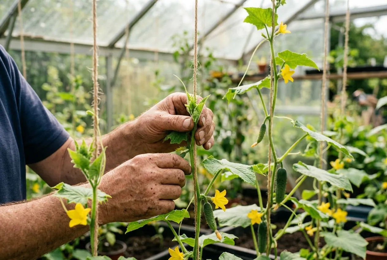 Pincement d'un plant de concombre au-dessus de la quatrième feuille, tige palissée sur ficelle