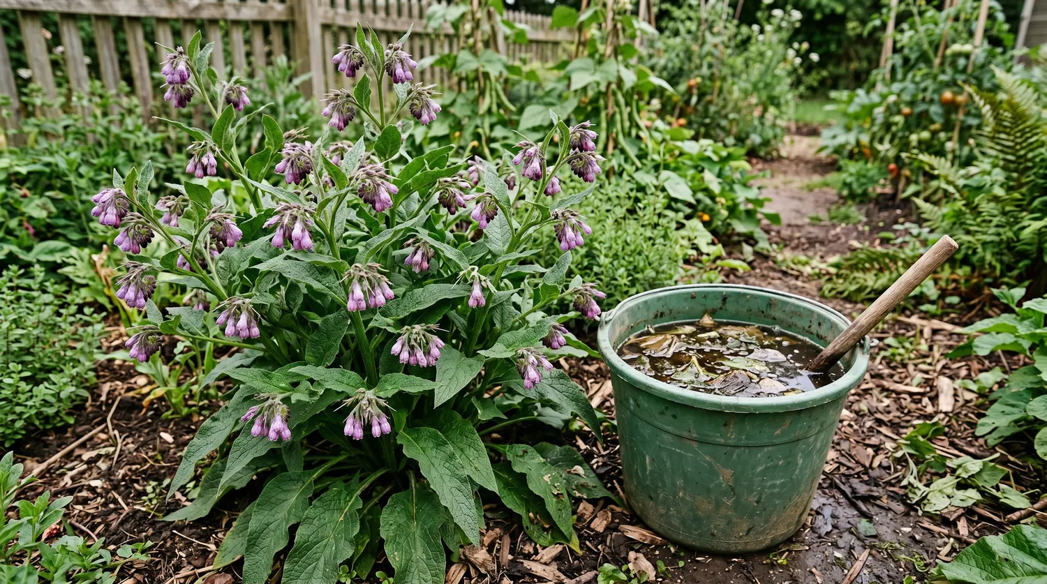 Consoude en fleur à côté d'un seau de purin de consoude en fermentation au jardin