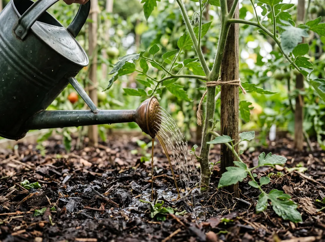 Arrosoir appliquant du purin de consoude dilué au pied des tomates