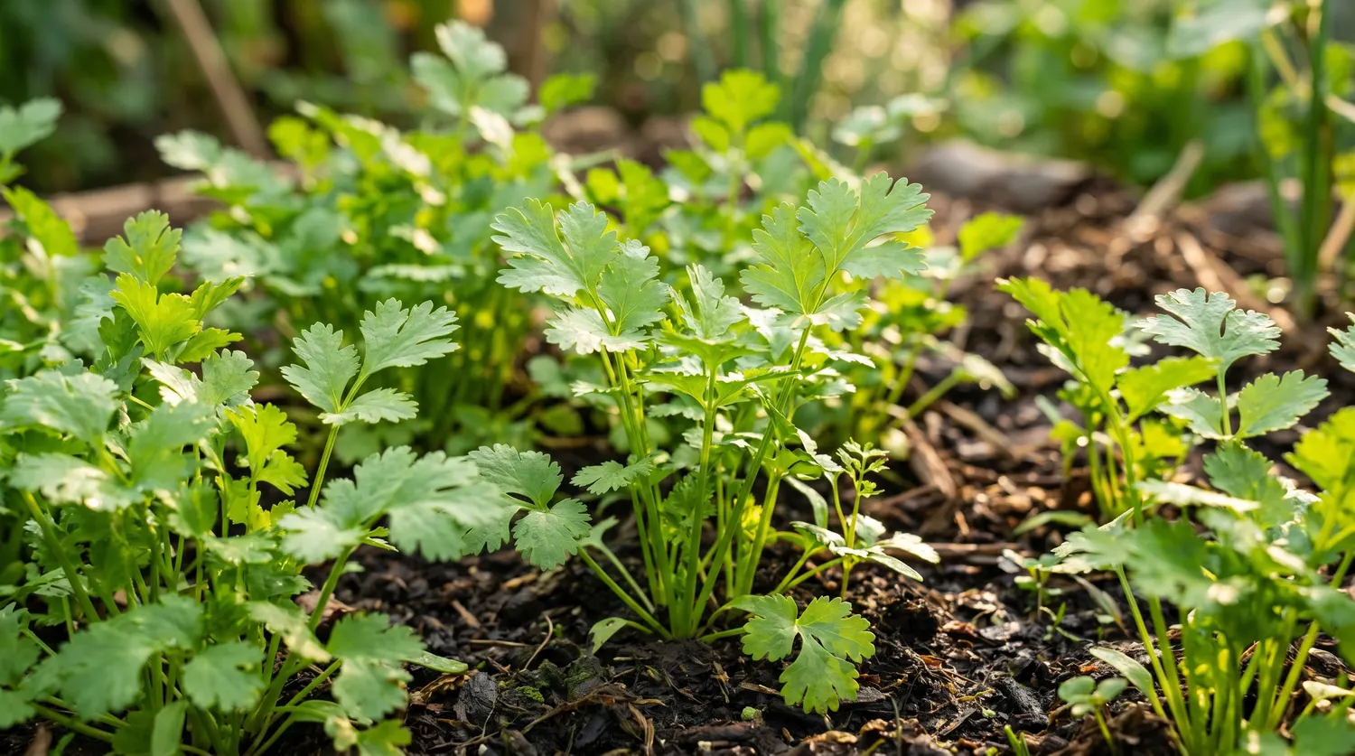 Plants de coriandre aux feuilles vertes découpées poussant au potager